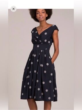 Navy Polka Dot Midi Dress with V-Neck